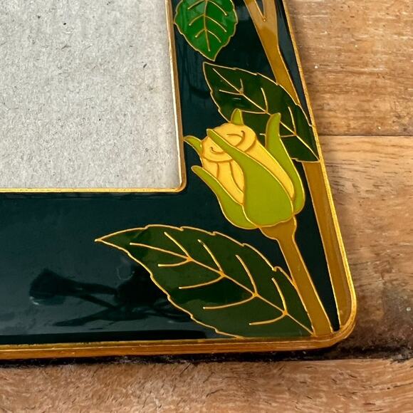Vintage MCM Enamel Photo Frame Dark Green Yellow Roses With Gold Border Retro - Picture 11 of 12
